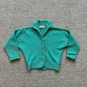 1960's turquoise cardigan by Lofties, size small or medium, great details